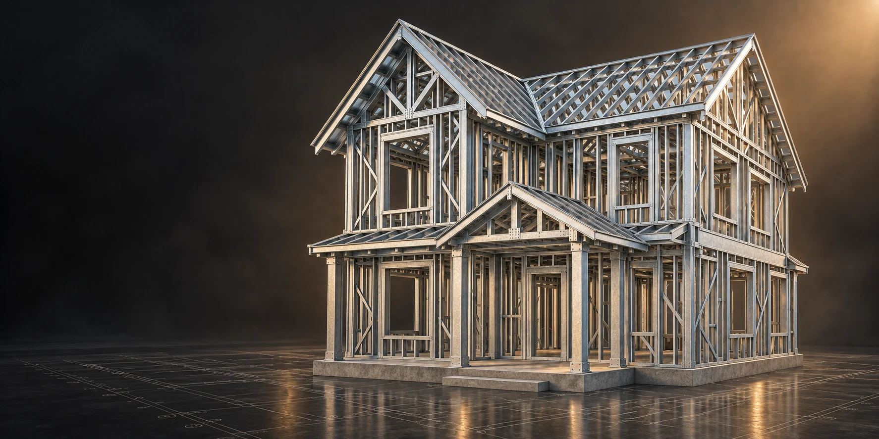 Steel frame of an American gabled home