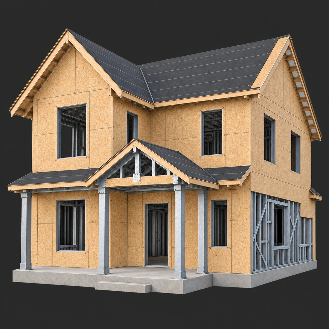 American home under construction, with exposed steel, wall sheathing and roof underlayment