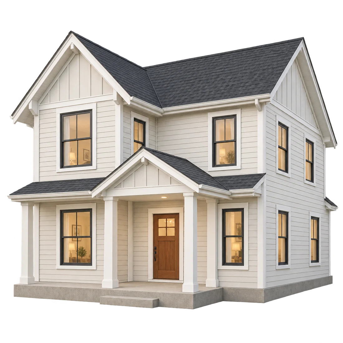 Finished American home with pitched roof and front porch