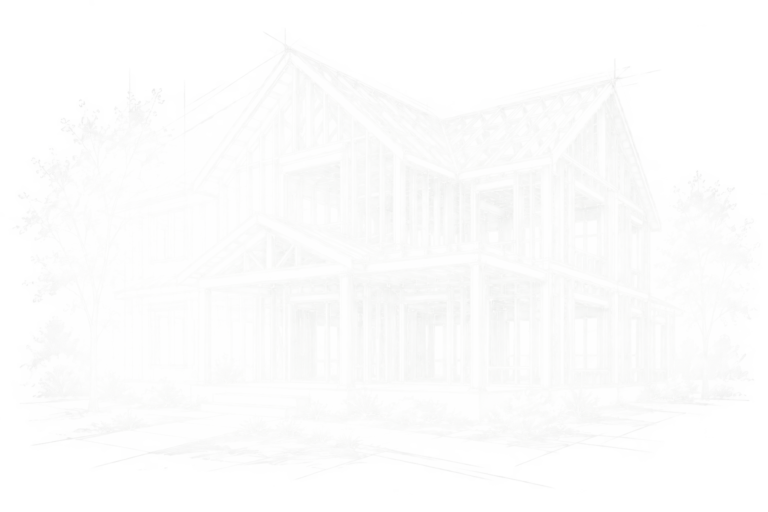 Original white pencil drawing of an American gabled steel frame