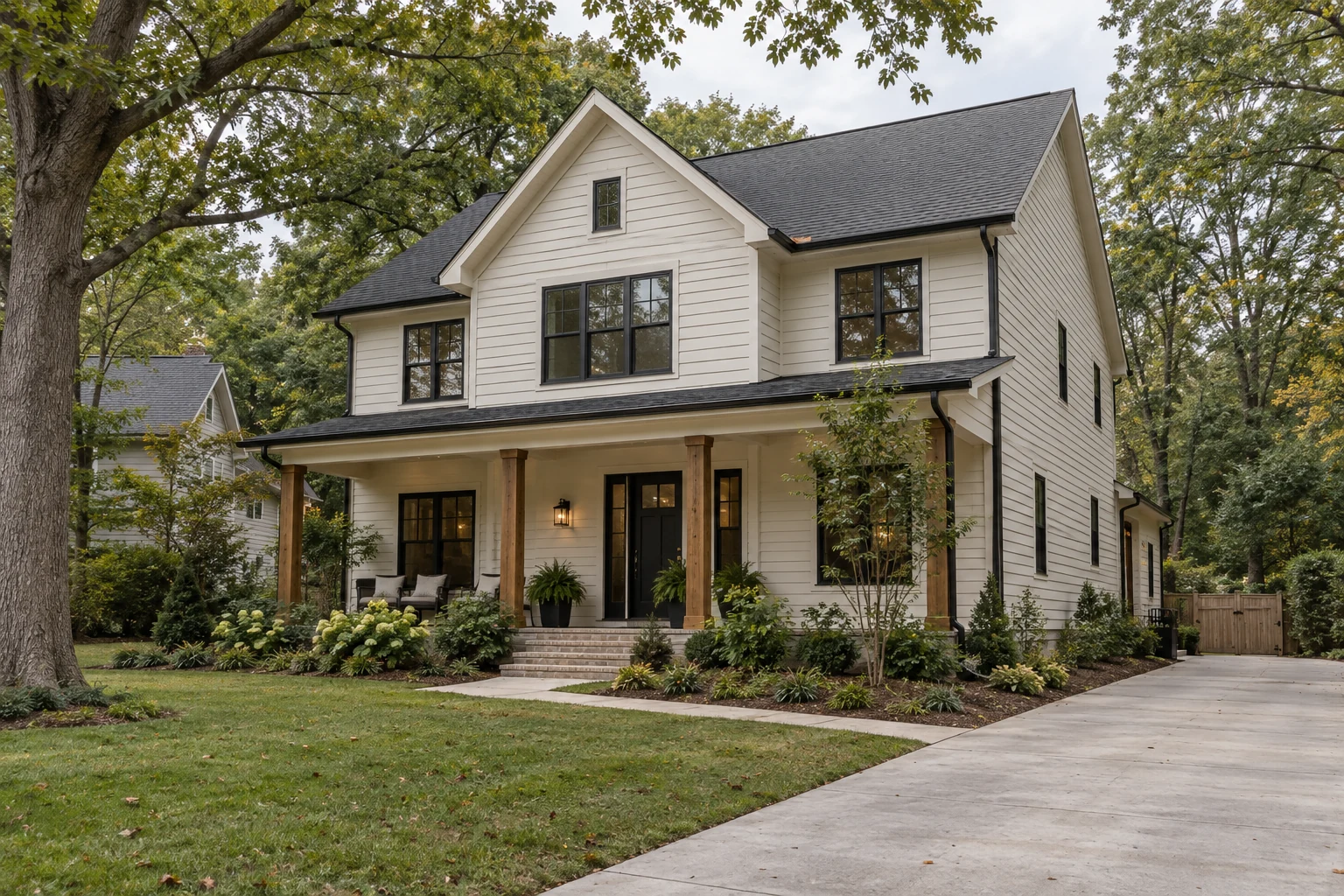 The same home with siding, pitched roofs and a welcoming porch