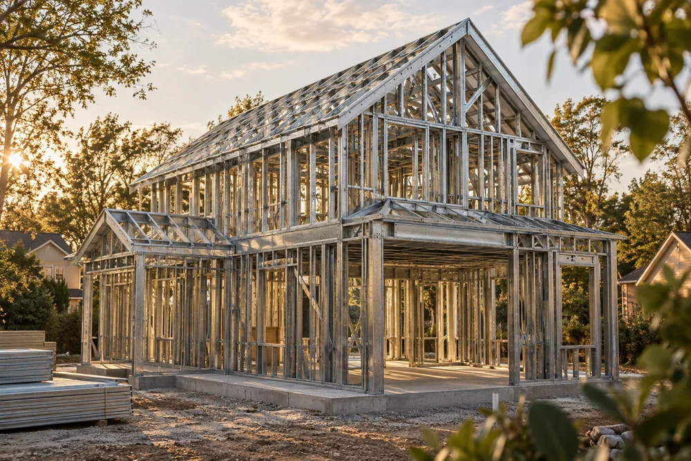 An American pitched-roof home during steel-frame assembly