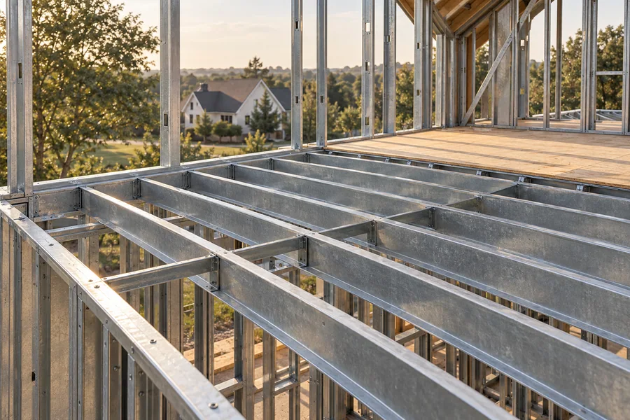 Steel floor joists in a residential frame