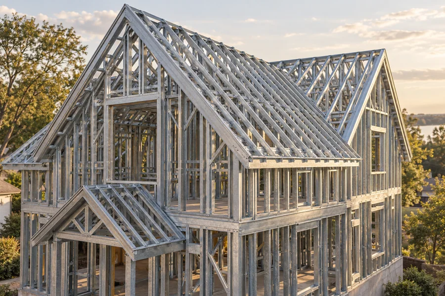 Pitched roof trusses on an American gabled home