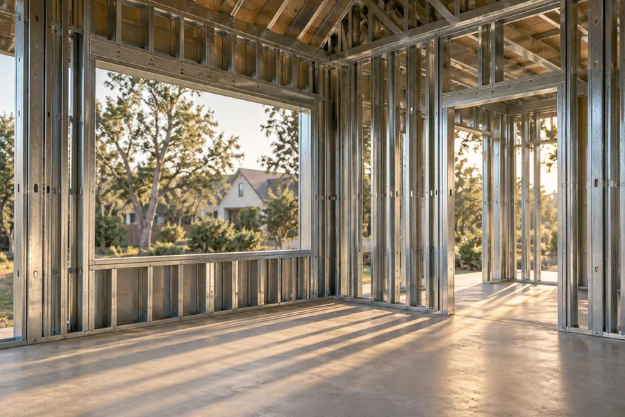 Steel wall studs and a window opening in an American home